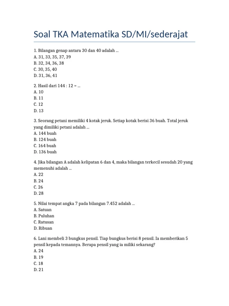 Persiapan TKA 2026: Contoh Soal Matematika SD, Kunci Jawab, dan Tips Efektif untuk Siswa