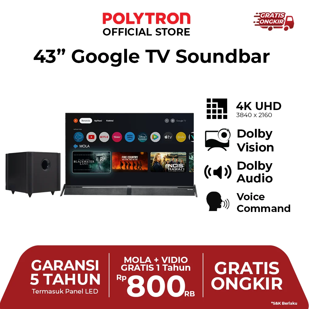 Smart TV Polytron 43 inci 4K: Pengalaman TV Cerdas dengan Google TV & Soundbar Sinematik yang Memukau